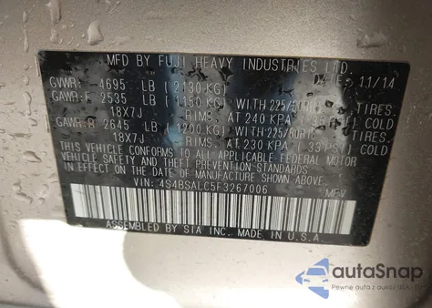 2015 Subaru Outback 2.5I Limited z USA, uszkodzony, nr VIN 4S4BSALC5F3267006